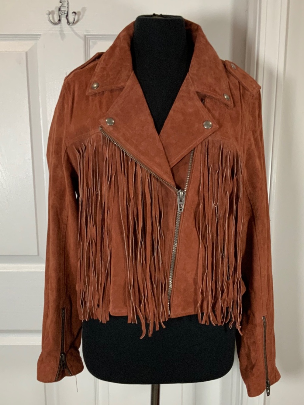 Blank NYC Rust Suede Leather Fringe Moto Biker Western Jacket Size Large Boho